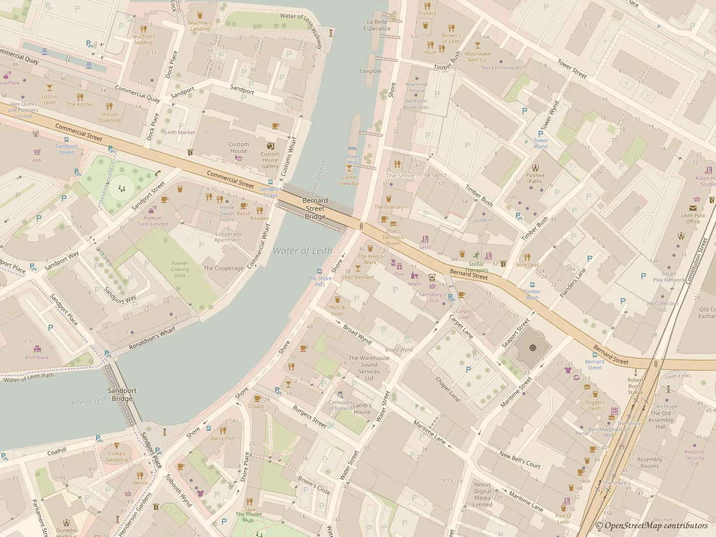 Map of The Shore in Leith, with Chez Bernard marked at 38 Shore beside the Water of Leith